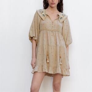 NWOT ZARA Dress S Floral-Embroidery Bow-Beads-Tassel Crochet Puff-Balloon-Sleeve